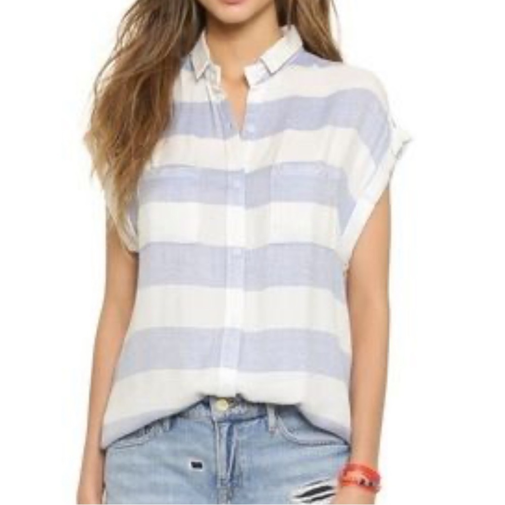 Rails Blue & White Striped Lightweight Flannel Cap Sleeve Button Down Top
